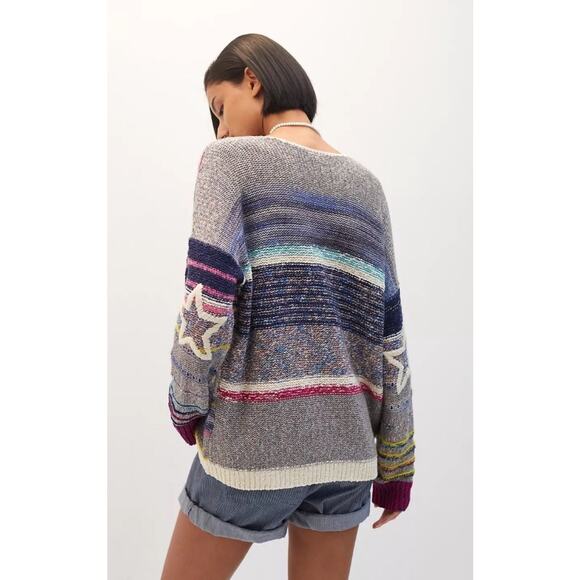 Pilcro Anthropologie Purple Blue Striped Oversized Star V Neck Sweater Medium - Picture 1 of 15